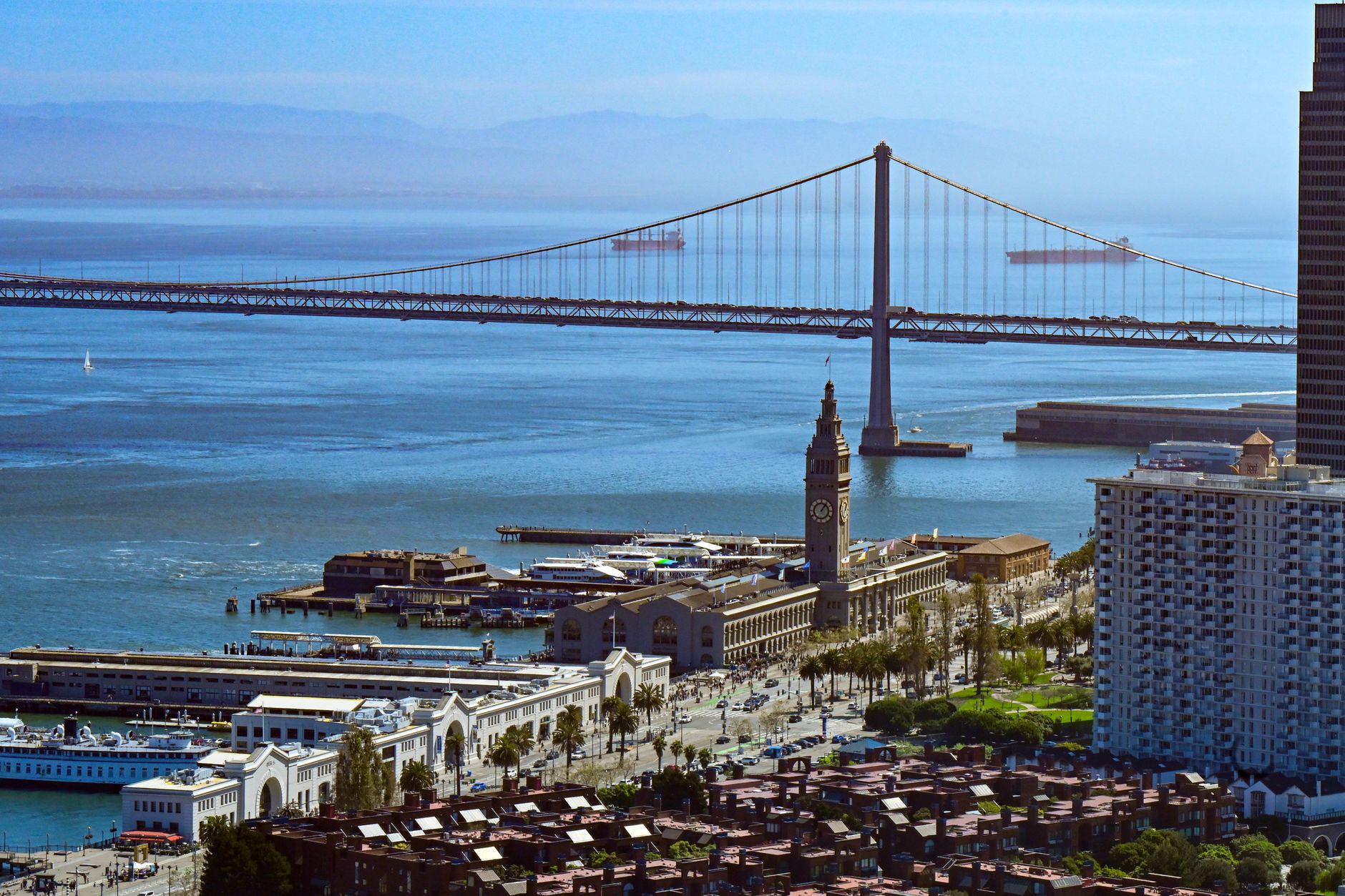 San Francisco waterfront pier with the bay and city skyline behind it